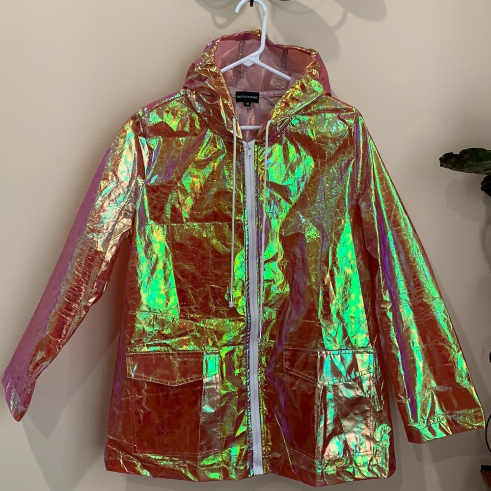 A pink holographic coat by PrettyLittleThing